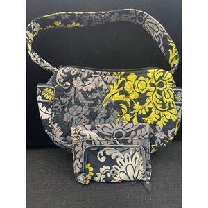 Vera Bradley Quilted Baroque Black Gray Yellow Floral Shoulder Purse & Matching